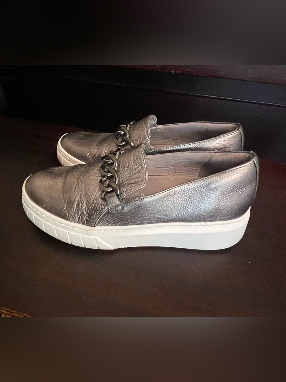 Naturalizer Metallic Silver Chain-Trim Slip-On loafers